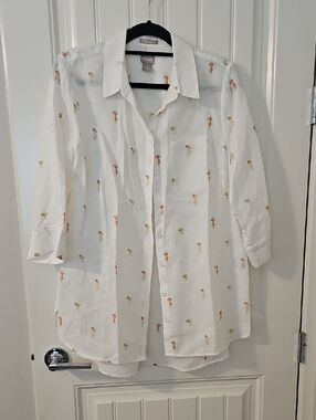 Chico's White Linen Sheer Button-Up Shirt with Tiny Cocktail Drinks Icons